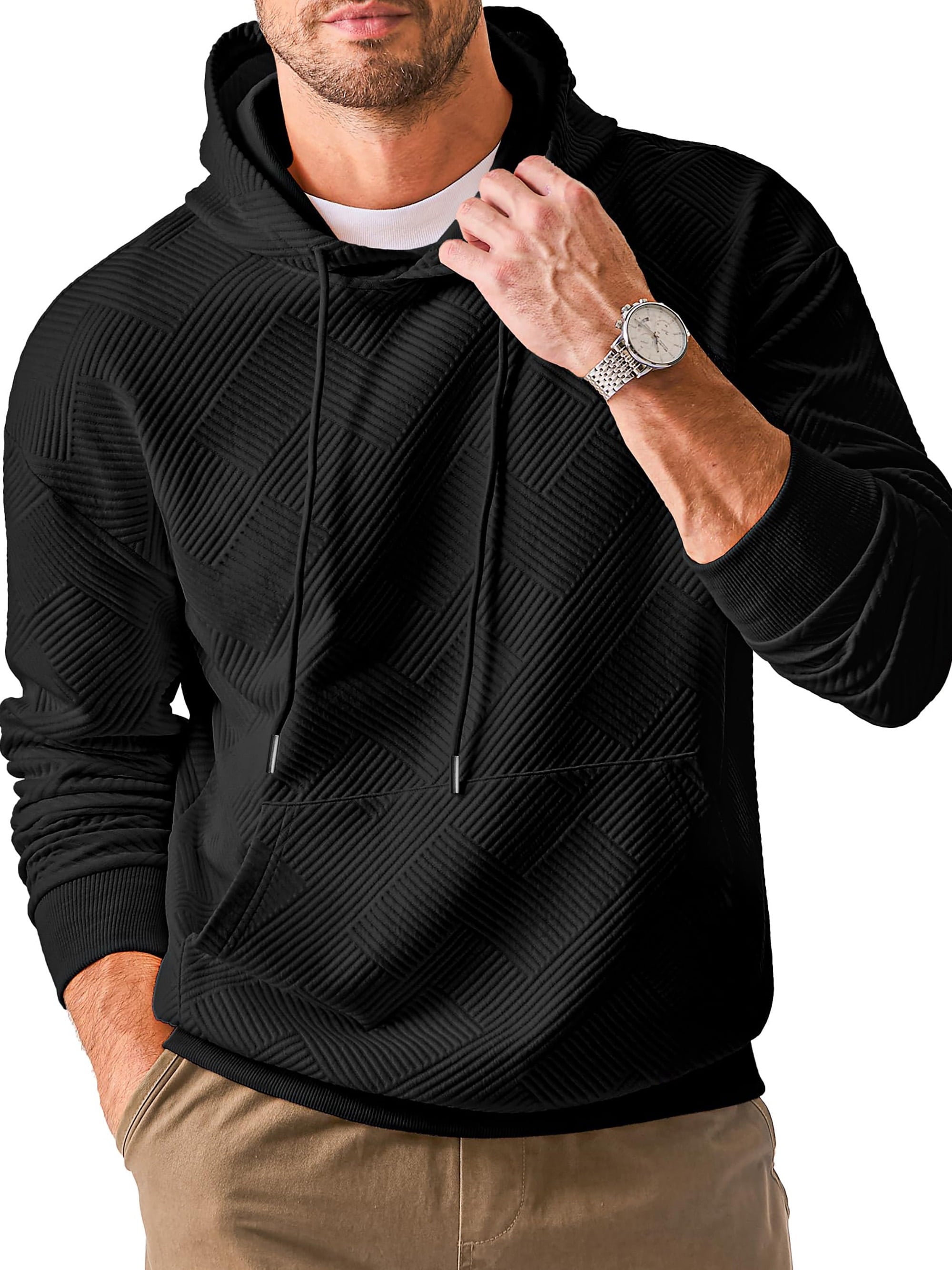 Long Sleeve Men Hoodies Sweatshirts Geometric Texture Sweatshirts for Men Casual Pollover Shirts with Kangaroo Pocket