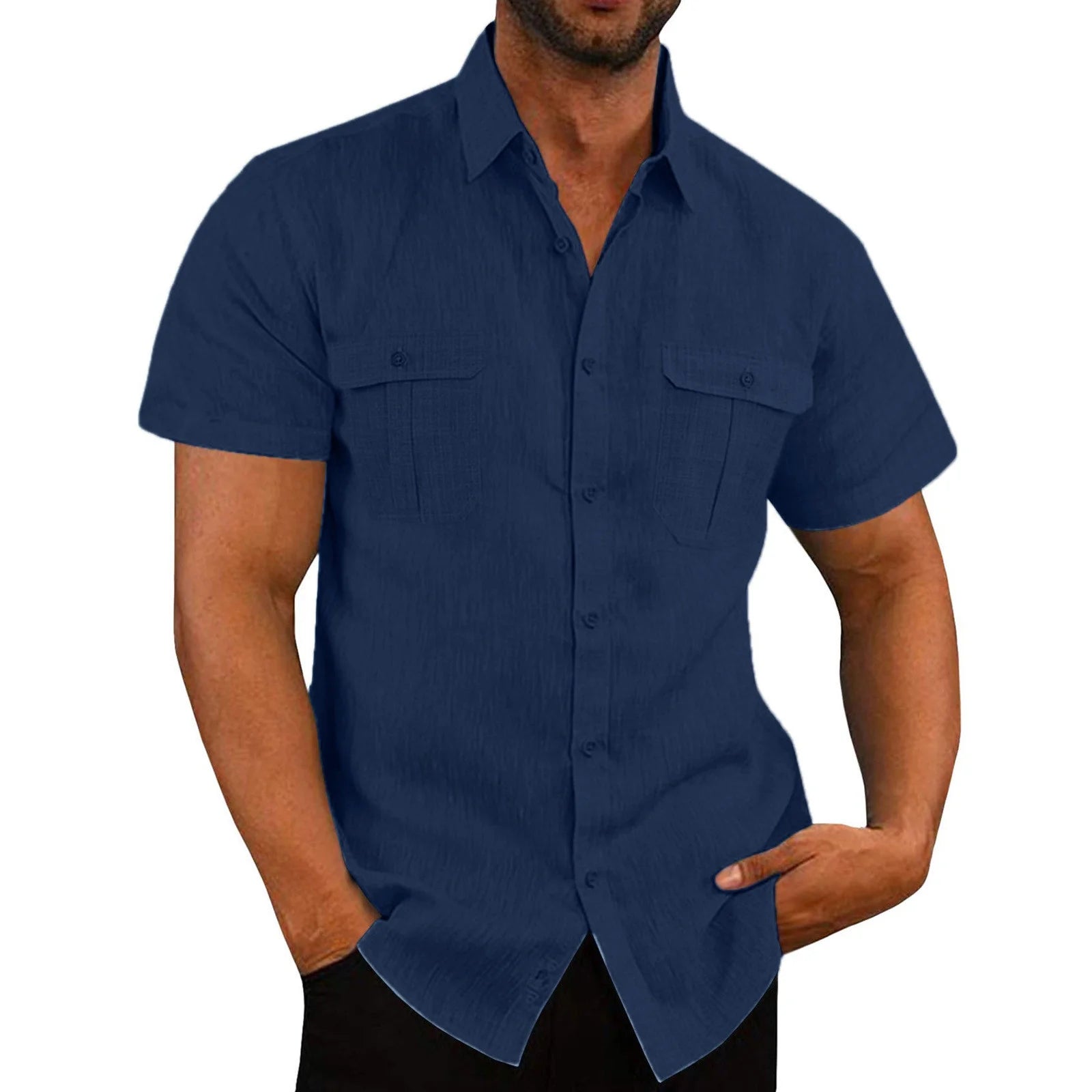 Mens T Shirts Casual Men'S Fashion Vacation Solid Color Cotton Linen Double Pocket Casual Shirts Short Sleeves Mens Western Shirts Mens Shirts Slim Fit Tank Tops Men Navy,Xl