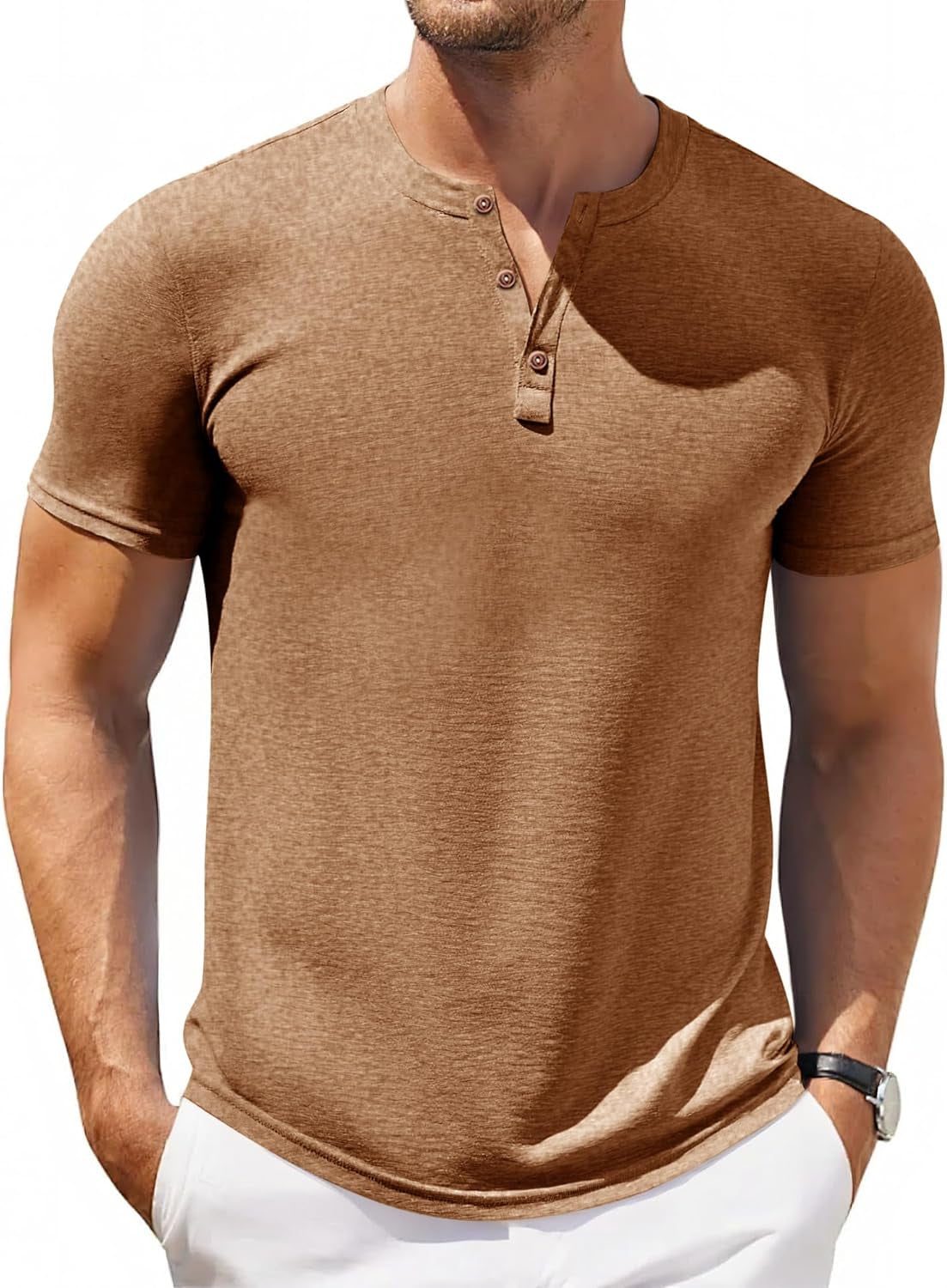 Men Short Sleeve Henley T-Shirt Casual Solid Color Button-Up Henley Shirt V Neck Tee Tops