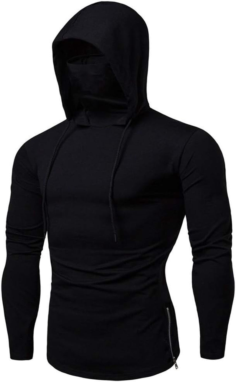 Mens Sports Sweatshirt Tops Hooded Long Sleeve Zipper Tops Hipster Shirts Workout Hoodie Sportwear with Face M_Ask (Xx-Large, Black)