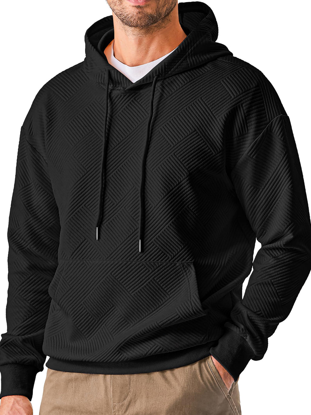 Long Sleeve Men Hoodies Sweatshirts Geometric Texture Sweatshirts for Men Casual Pollover Shirts with Kangaroo Pocket