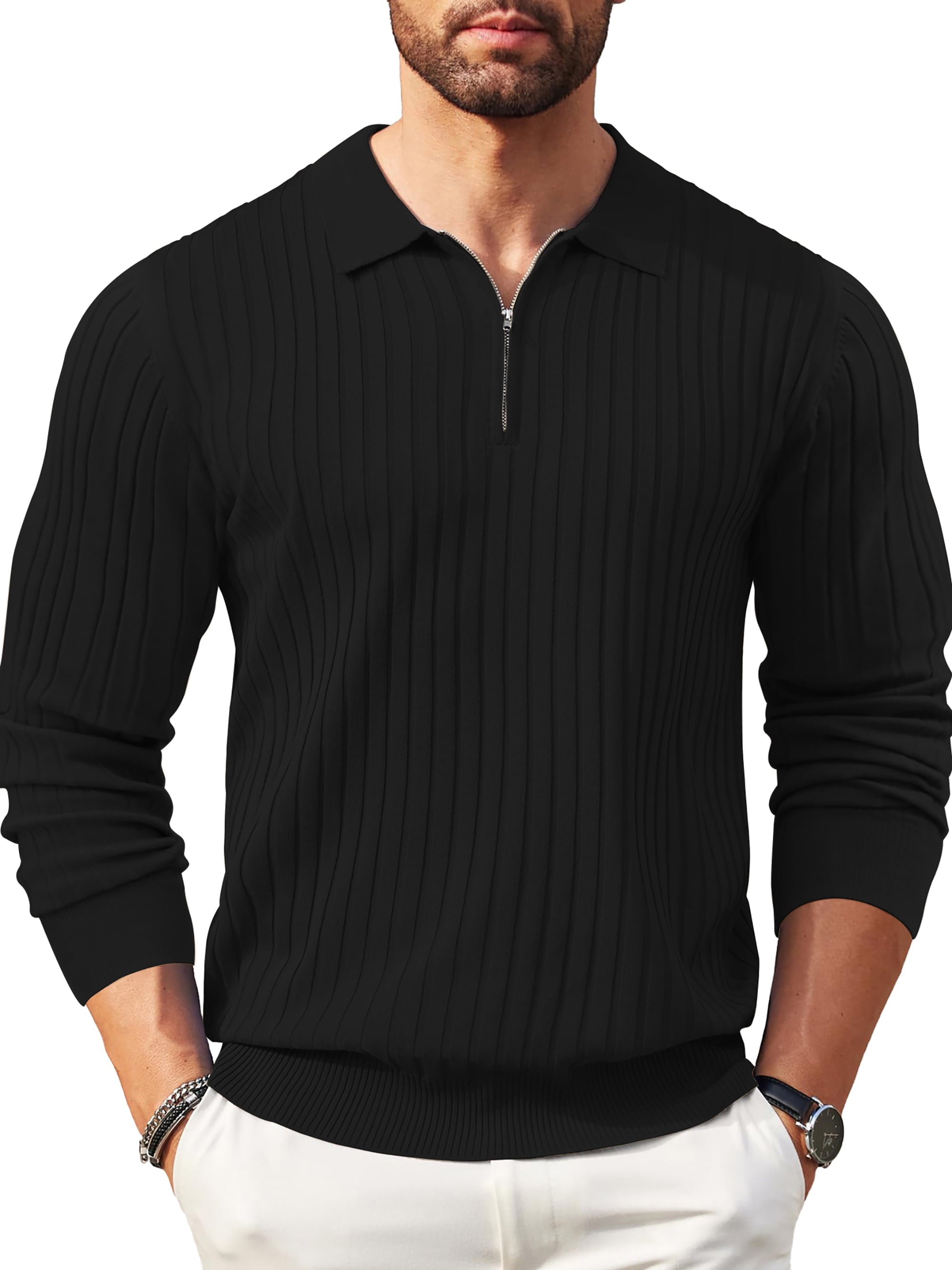 Polo Shirts for Men Casual Long Sleeve Mens Shirts Zipper Ribbed Knit Shirt