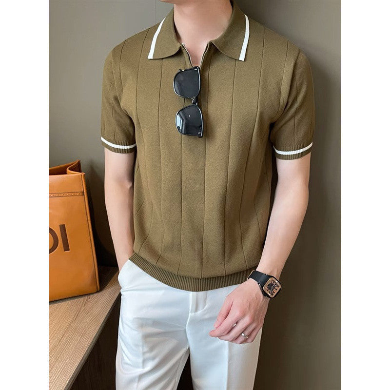 Short-Sleeved Lapel Casual Knitwear, Simple Small Fragrant Style Concave And Convex Stripesd Half-Zip Trendy Men&#039;s Polo Shirt