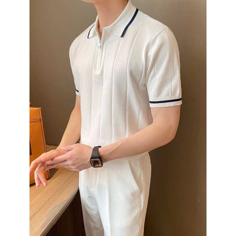 Short-Sleeved Lapel Casual Knitwear, Simple Small Fragrant Style Concave And Convex Stripesd Half-Zip Trendy Men&#039;s Polo Shirt