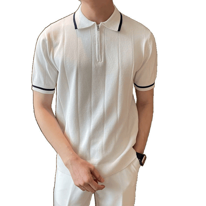 Short-Sleeved Lapel Casual Knitwear, Simple Small Fragrant Style Concave And Convex Stripesd Half-Zip Trendy Men&#039;s Polo Shirt