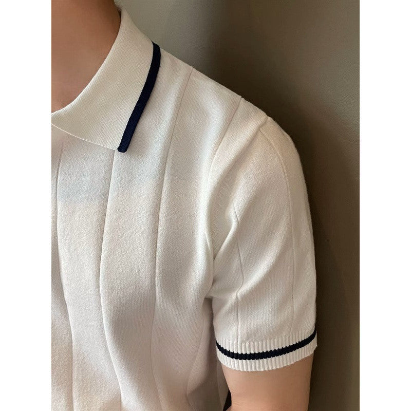 Short-Sleeved Lapel Casual Knitwear, Simple Small Fragrant Style Concave And Convex Stripesd Half-Zip Trendy Men&#039;s Polo Shirt