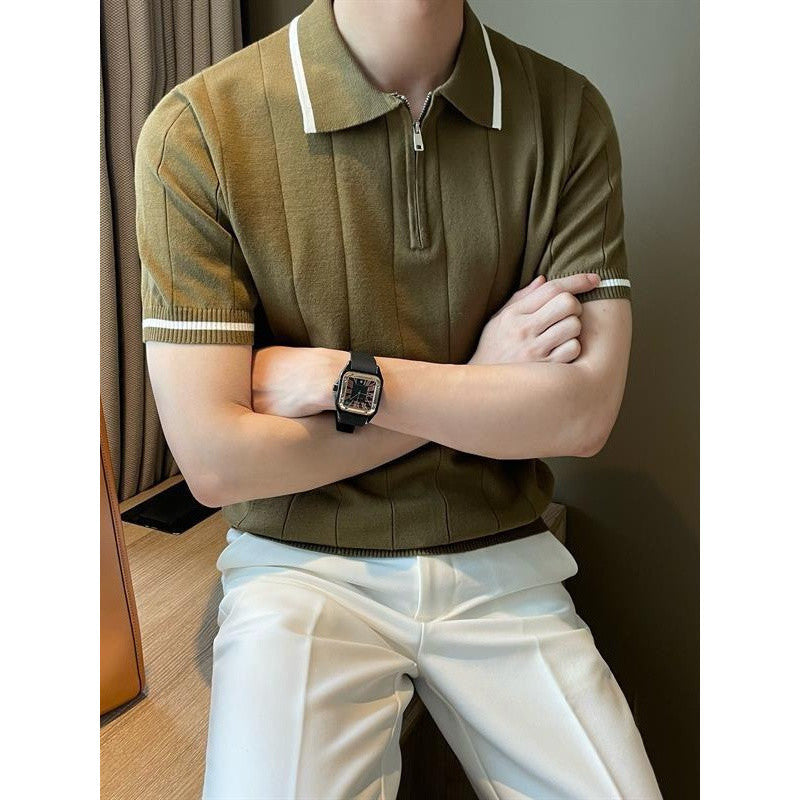 Short-Sleeved Lapel Casual Knitwear, Simple Small Fragrant Style Concave And Convex Stripesd Half-Zip Trendy Men&#039;s Polo Shirt