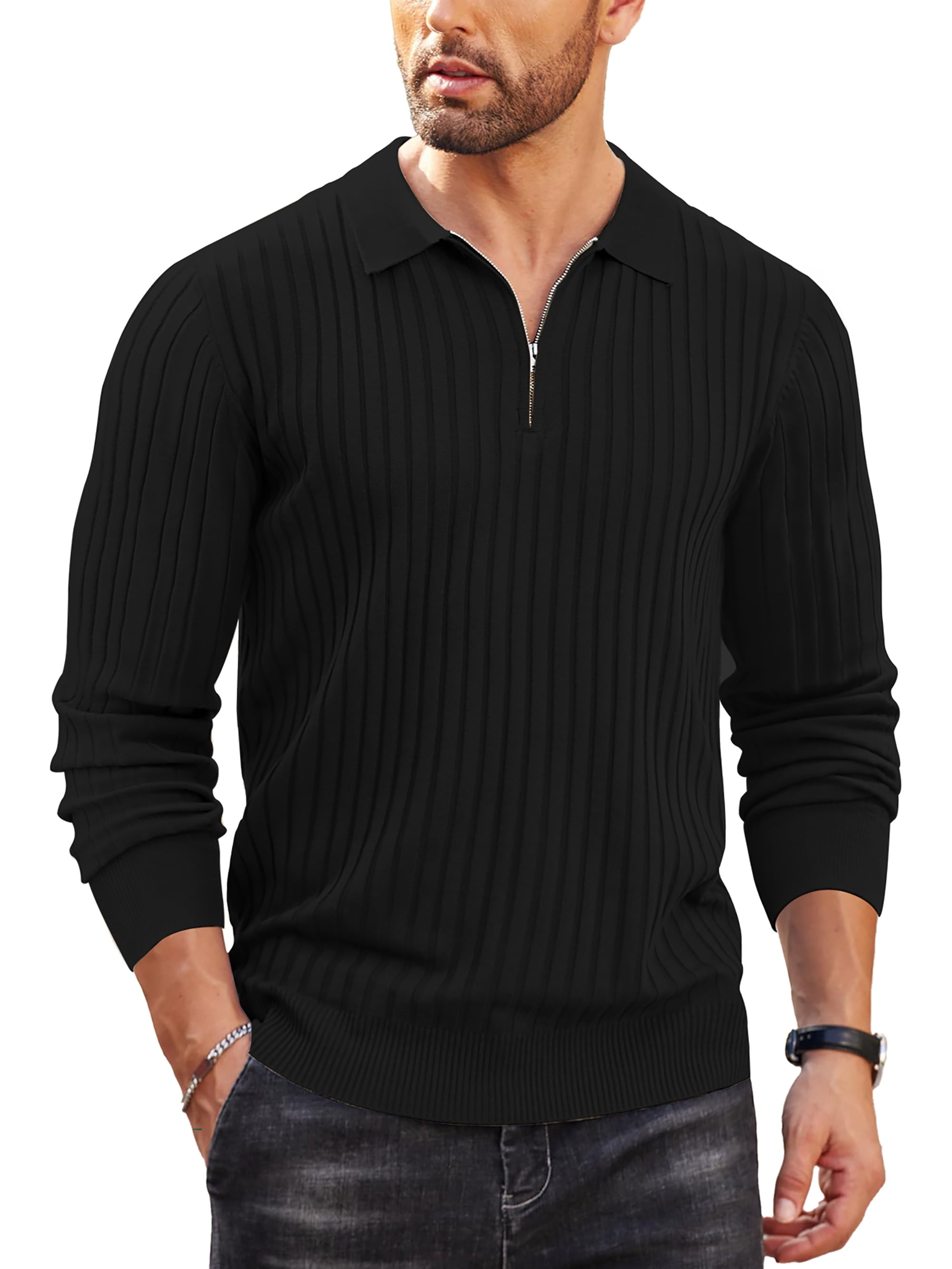 Polo Shirts for Men Casual Long Sleeve Mens Shirts Zipper Ribbed Knit Shirt