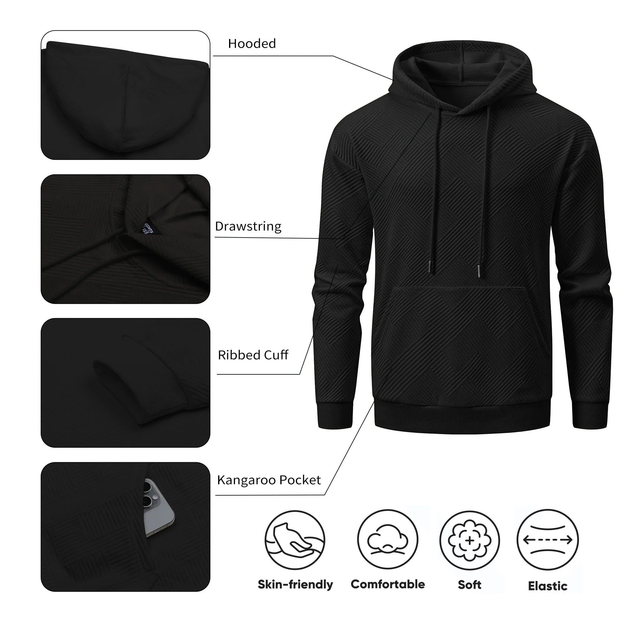Long Sleeve Men Hoodies Sweatshirts Geometric Texture Sweatshirts for Men Casual Pollover Shirts with Kangaroo Pocket